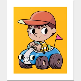 boy drives a small car with a cute face Posters and Art